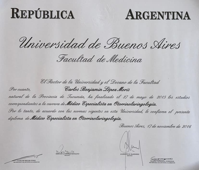 Especialista en Otorrinolaringología
